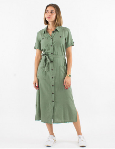 Basic chic green midi dress with buttons and belt