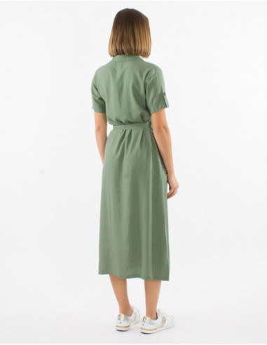 Fluid midi dress for summer chic with buttons and plain belt basic green