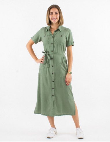 Chic long dress with buttons and tie belt in a basic green color for summer