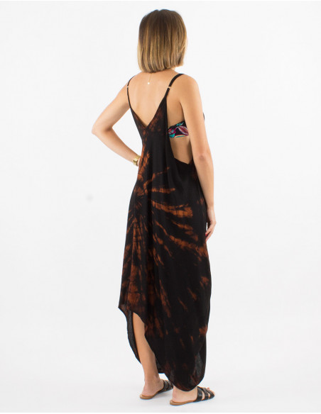Robe de plage large asymétrique originale baba cool Tye and Dye noir pour femme