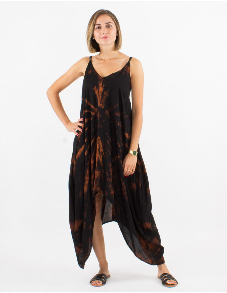 Robe légère pour l'été en coton Tie and Dye noir coupe asymétrique baba cool pour femme