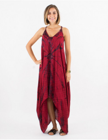 Robe légère pour l'été en coton Tie and Dye rouge coupe asymétrique baba cool pour femme