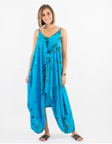 Robe de plage large asymétrique baba cool Tie and Dye bleu turquoise