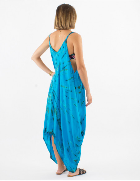 Robe de plage large asymétrique originale baba cool Tye and Dye bleu turquoise pour femme