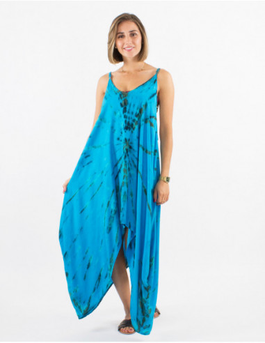Robe légère pour l'été en coton Tie and Dye bleu turquoise coupe asymétrique baba cool pour femme
