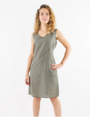 Robe courte en coton unie basique vert kaki avec surpiqures originales