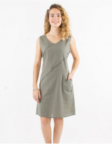 Lightweight cotton short dress for summer sleeveless basic chic khaki green