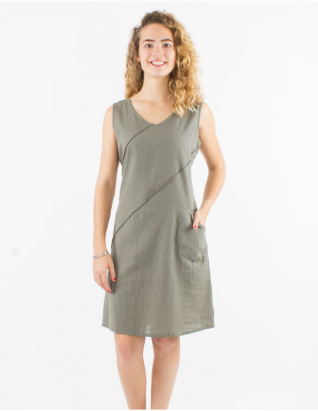Robe courte légère en coton pour l'été sans manches unie basique chic vert kaki