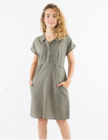 Chic short dress with plain lapel collar in khaki green