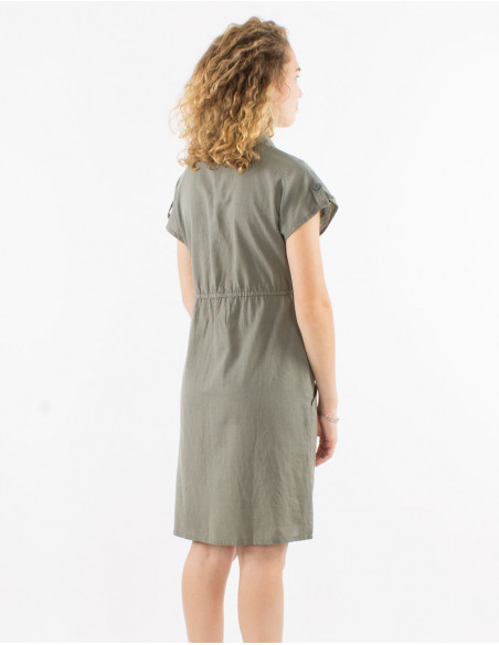 Chic short dress with linen lapel collar basic khaki green