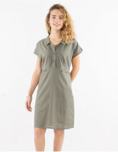 Robe courte avec lin pour l'été chic unie basique vert kaki