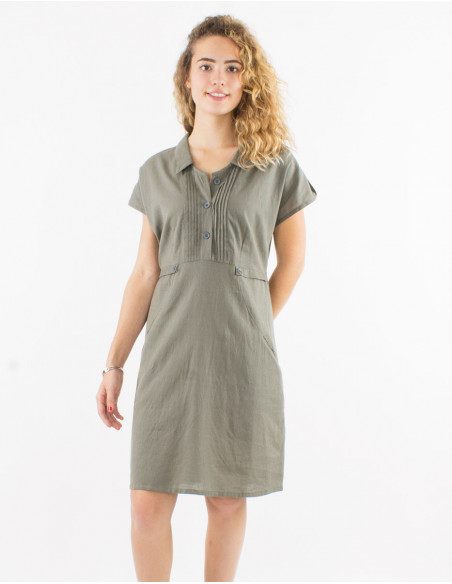 Robe courte avec lin pour l'été chic unie basique vert kaki