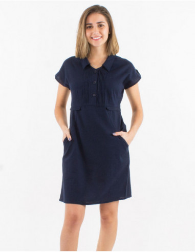 Chic short dress with plain lapel collar in navy blue