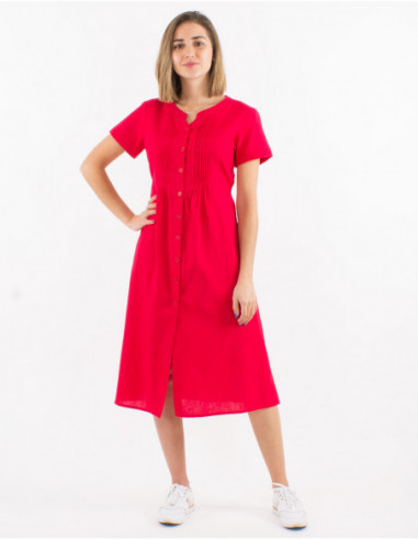 Chic mid-length dress with gathers on the chest and plain buttons in raspberry pink