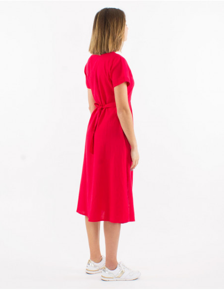 Robe mi longue femme avec lin chic a ceinturer
