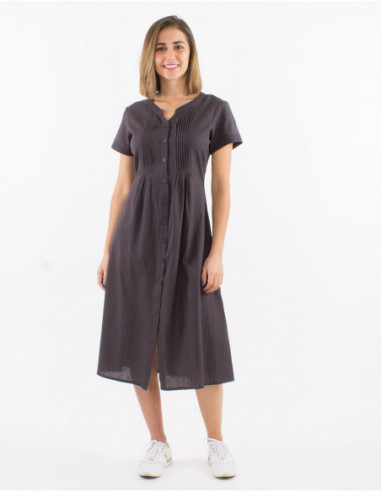 Chic mid-length dress with gathers on the chest and plain buttons in grey