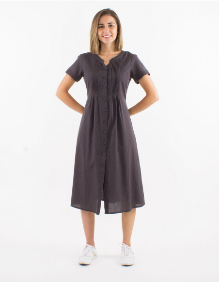 Robe midi chic pour l'été avec fronces et boutons à l'avant unie basique gris
