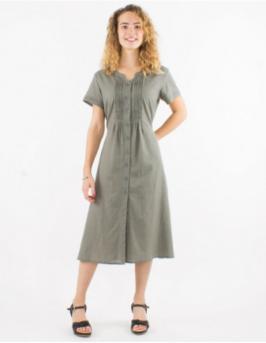 Chic mid-length dress with gathers on the chest and plain buttons in khaki green