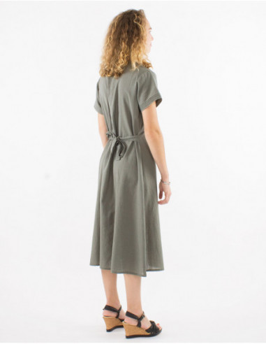 Women's chic fitted midi dress with gathers on the chest basic khaki green