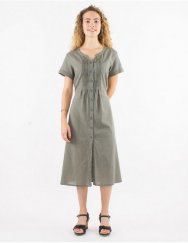 Chic summer midi dress with ruffles and buttons on the front in a basic khaki green
