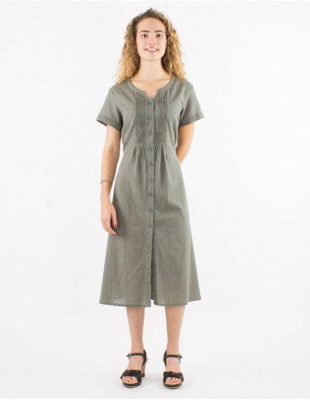 Robe midi chic pour l'été avec fronces et boutons à l'avant unie basique vert kaki