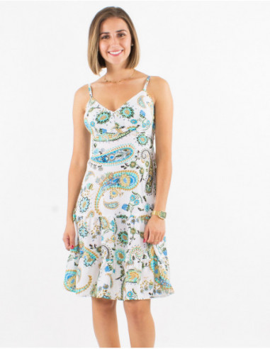 Robe mi longue à fines bretelles et volant sur le bas à imprimé cachemire frais vert menthe