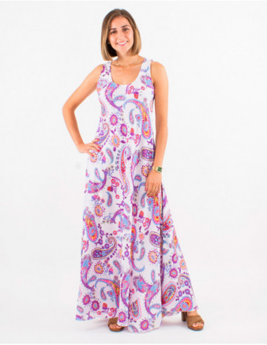 Sleeveless long dress for spring with purple boho paisley