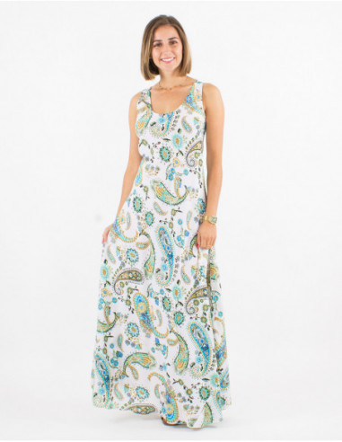 Sleeveless long dress for spring with mint boho paisley