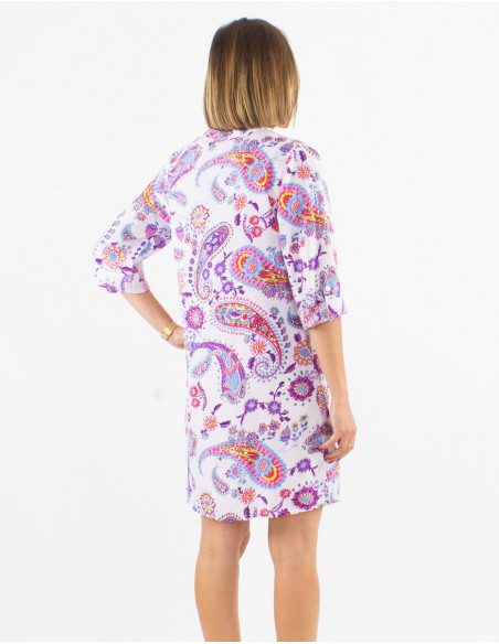 Short flowing summer button dress with romantic purple paisley