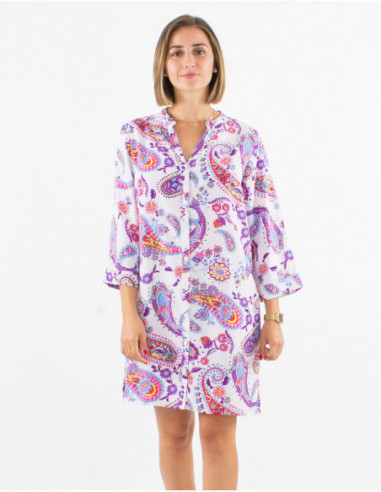 Robe courte droite pour le printemps 2023 à manches 3/4 avec imprimé cachemire frais mauve