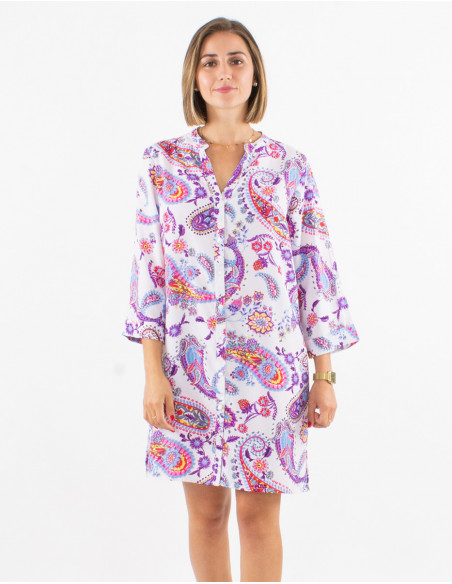 Robe courte droite pour le printemps 2023 à manches 3/4 avec imprimé cachemire frais mauve