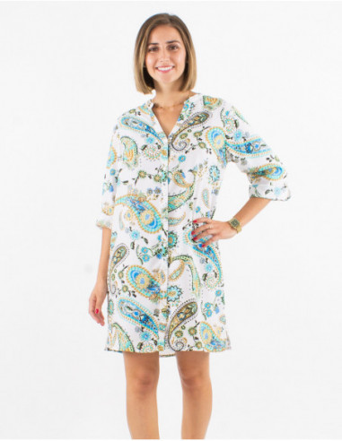 Short straight and light shirt dress with 3/4 sleeves in a romantic mint paisley pattern