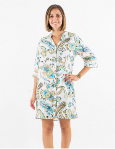 Robe courte droite pour le printemps 2023 à manches 3/4 avec imprimé cachemire frais