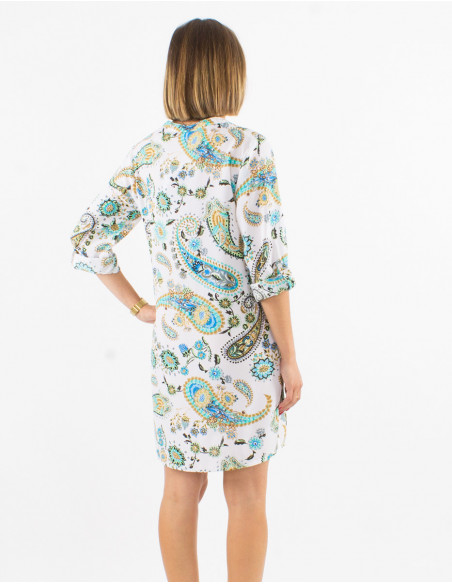 Short flowing summer button dress with romantic mint paisley
