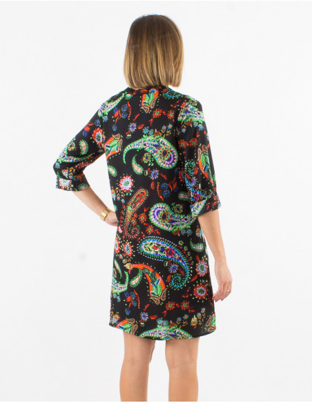 Short flowing summer button dress with romantic black paisley