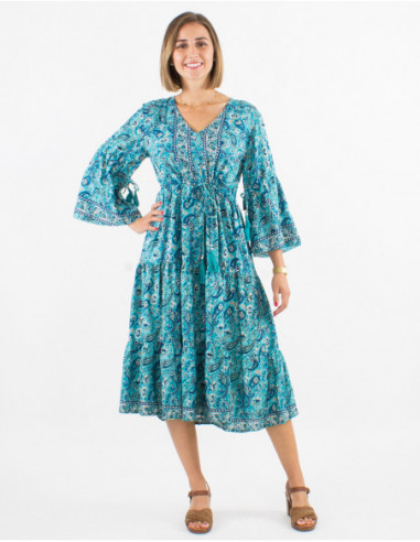 Bohemian chic midi dress with pompom ties and blue floral paisley print