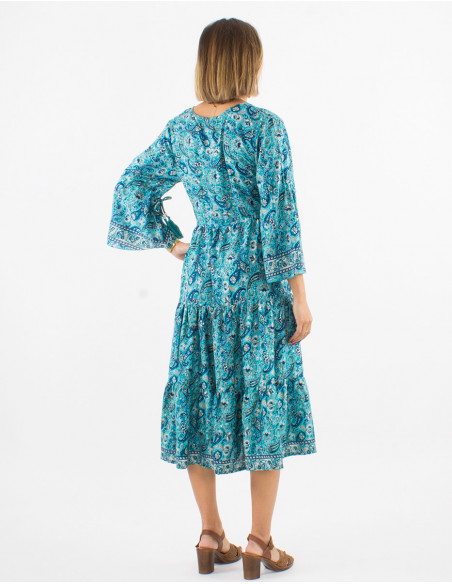 Robe longue originale à manches 3/4 et liens pompons à motifs bohème chic fleuri bleu