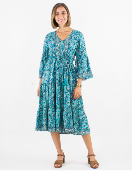 Boho chic midi dress with ties finished with gold floral blue print tassels