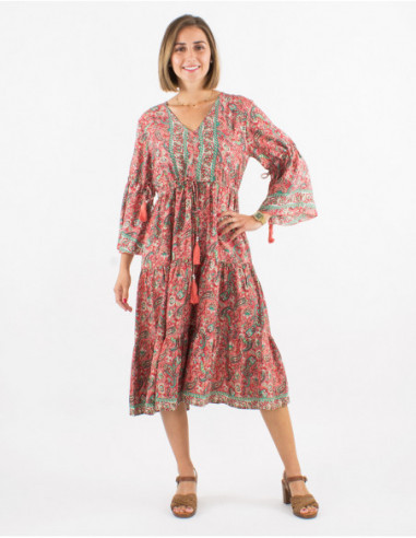 Bohemian chic midi dress with pompom ties and coral pink floral paisley print