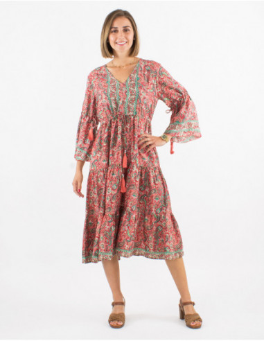 Boho chic midi dress with ties finished with gold floral print tassels