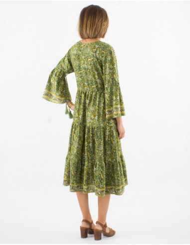 Robe longue originale à manches 3/4 et liens pompons à motifs bohème chic fleuri vert kaki