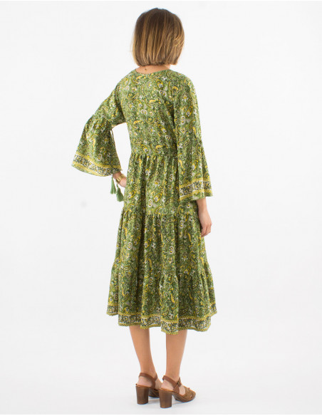 Original long dress with 3/4 sleeves and tassel ties with bohemian chic floral green