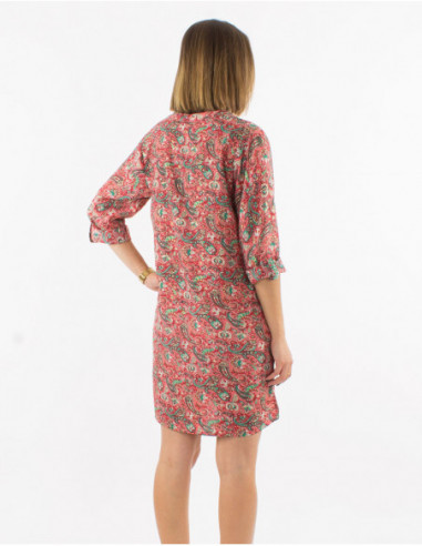 Short coral orange flowing dress with 3/4 sleeves boho chic with golden flowers
