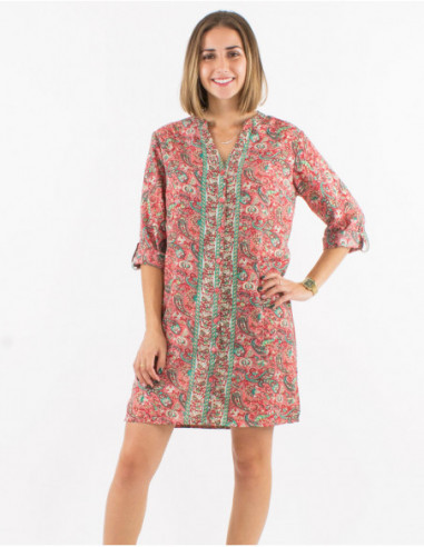 Robe courte légère pour l'été à imprimé cachemire floral orange corail avec touches dorées