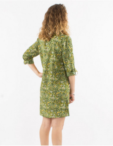 Short khaki green flowing dress with 3/4 sleeves boho chic with golden flowers
