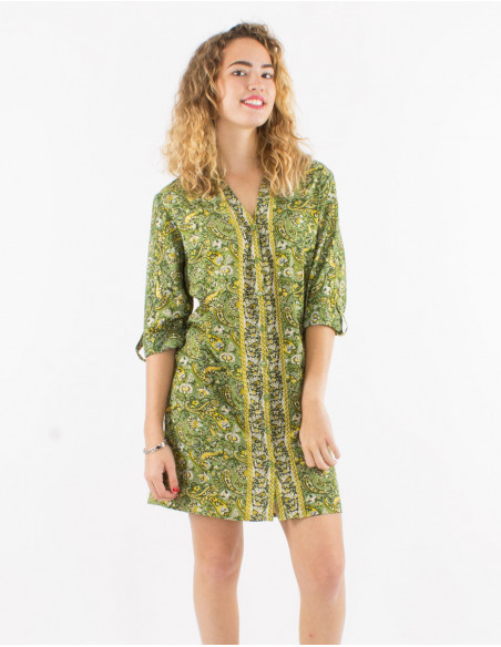 Robe courte légère pour l'été à imprimé cachemire floral vert kaki avec touches dorées