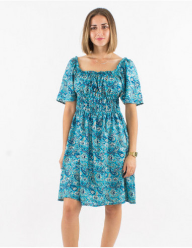 Short dress with comfortable ruffles for summer in boho chic gold blue paisley print