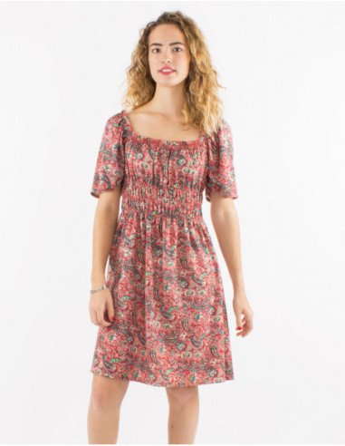 Lightweight boho chic short dress with gold paisley print gathers