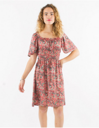 Petite robe d'été mi longue avec fronces et imprimé original boho doré orange corail