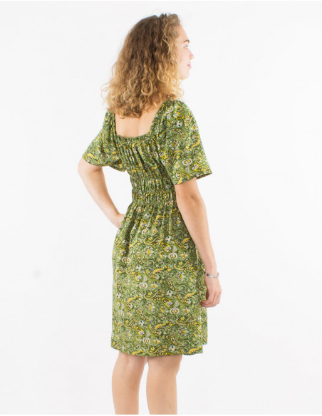 Lightweight boho chic short dress with gold paisley print gathers in khaki green